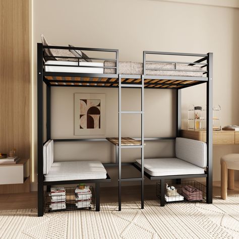 Loft Bed Studio Apartment Tiny Spaces, Bunkbeds Design, Loft Bed Adult, Black Loft Bed, Maximize Bedroom Space, Loft Bed Studio Apartment, Masculine Bed, Adult Loft Bed, Sustainable Living Room