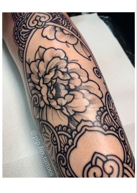 Ornamental Flowers Tattoo, Peony Ornamental Tattoo, Ornamental Tattoo Leg Sleeve, Ornamental Half Sleeve Tattoo, Ornamental Peony Tattoo, Flower Shin Tattoo, Calf Ornamental Tattoo, Ornamental Mandala Tattoo Sleeve, Floral Ornamental Tattoo Sleeve