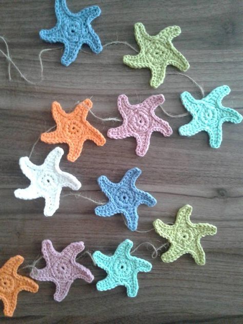 Starfish Garland, Mermaid Garland, Crochet Room, Mermaid Banner, Coastal Crochet, Large Garland, Mermaid Theme Birthday Party, Birthday Mermaid, Beach Crochet