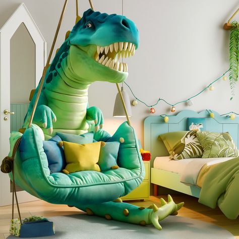 Dino-Sized Comfort: Discover the Mesozoic Magic of Dinosaur Hanging Loungers! - ArtistryApex.com Small Dinosaur Bedroom Ideas, Dinosaur Reading Corner, Blue Dinosaur Bedroom, Dinosaur Bedroom Girl, Dino Room Kids Boys, Dinosaur Room Boys, Dino Bedroom Ideas, Boys Dinosaur Bedroom Ideas, Dior Bedroom