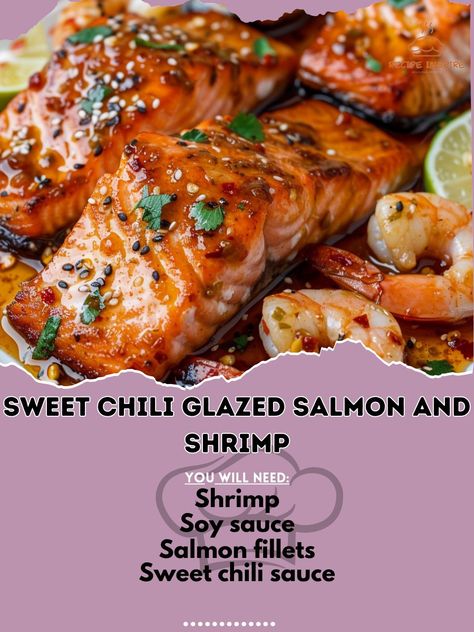 🔥 Experience the flavors of Sweet Chili Glazed Salmon and Shrimp! #SeafoodLovers #Yummy Sweet Chili Glazed Salmon and Shrimp Ingredients: Salmon fillets (4) Shrimp, peeled and deveined (12) Sweet chili sauce (1/2 cup) Soy sauce (2 tbsp) Garlic, minced (2 cloves) Lime juice (1 tbsp) Olive oil (1 tbsp) Salt and pepper to taste Instructions: Preheat oven to 400°F (200°C). Mix sweet chili sauce, soy sauce, garlic, lime juice, and olive oil. Season salmon and shrimp with salt and pepper. Brush... Chili Glazed Salmon, Season Salmon, Bake Salmon, Orange Glazed Salmon, Soy Sauce Garlic, Seafood Delight, Salmon And Shrimp, Salmon Seasoning, Glazed Salmon