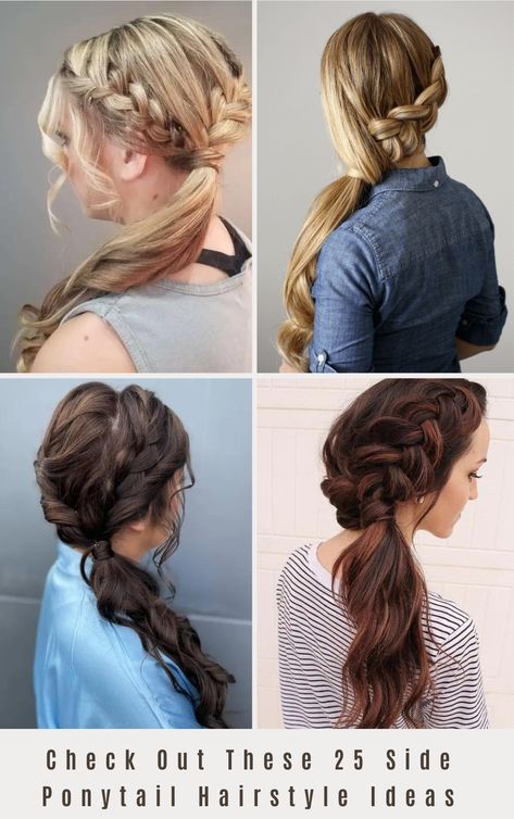 Check Out These 25 Side Ponytail Hairstyle Ideas - Top Beauty Magazines Bride Hairstyles Side Ponytail, Side Braid High Ponytail, Side Pony With Braid, Low Side Braid Ponytail, Dressy Side Ponytail Hairstyles, Ponytails For Weddings, Fancy Side Ponytail Hairstyles, Bridesmaid Side Ponytail, Side Braids Into Ponytail