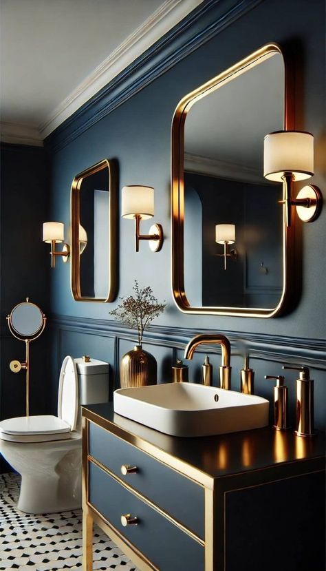 Blue and Gold Bathroom Dark Blue Black And Gold Bathroom, Blue Gold Decor, Blue And Gold Interior Design, Blue Gold Bathroom, Blue Toilet Bathroom, Navy And Gold Bathroom, Green And Blue Bathroom, Blue And Gold Bathroom, Blue Bathtub