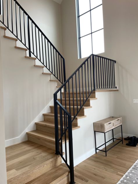 Metal Stair Railing Modern, Simple Staircase Railing Design, Vertical Metal Stair Railing, Metal Hand Railings Indoor, Metal Interior Railings, Stair Metal Railing, Iron Railings Indoor Staircases, Stair Metal Railing Ideas, Vertical Railings For Stairs