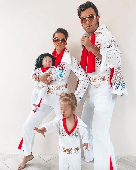 2020 Halloween Costumes, Elvis Family, Blue Sparkly Dress, Bachelor In Paradise, Tiger Costume, Hound Dogs, Matching Costumes, Halloween Costume Contest, Bear Outfits