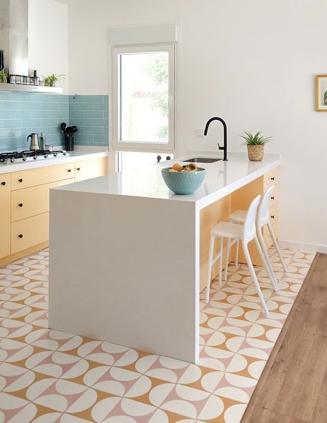 Cement Tiles, Kitchen Room Design, Interior Modern, Yellow And Pink, Cement Tile, Kitchen Tiles, Kitchen Style, Kitchen Space, Kitchen Flooring