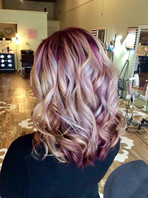 Blonde Hair With Lowlights Fall Purple, Violet Balayage Blonde, Strawberry Blonde Hair With Purple Highlights, Spring 2024 Blonde, Orchid Blonde Hair, Blonde With Vivid Highlights, Blonde And Purple Hair Highlights, Purple Red Blonde Hair, Blonde And Violet Hair