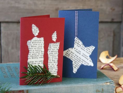 Weihnachtskarten selber basteln: 5 Ideen Valentines Day Cards Diy, Christmas Cards Kids, Paper Embroidery, Old Book Pages, Diy Christmas Cards, Christmas Crafts Decorations, Christmas Activities, Post Cards, Valentine Day Cards