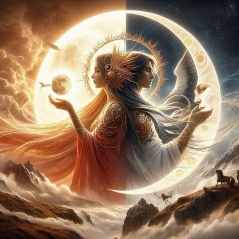 Sun Goddess Aesthetic, Moon And Sun Aesthetic, Sun Goddess Art, Sun And Moon Goddess, Sun And Moon Aesthetic, Sun Queen, Moon Goddess Art, الفن الرقمي, Sun Goddess