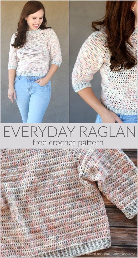 Everyday Raglan Crochet Pattern | Hooked on Homemade Happiness Raglan Jumper Crochet Pattern, Vertical Crochet Sweater, Easy Top Down Crochet Sweater Pattern, Crochet Raglan Pattern, Free Crochet Pull Over Sweater Patterns, Simple Sweater Crochet Pattern, Crochet Raglan Top Free Pattern, Crochet Pattern Sweater Vest, Free Crochet Raglan Sweater Patterns