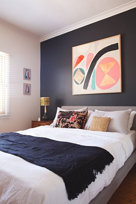 ★★Learn 10 Inexpensive Ways to Increase the Value of Your Home. Click Here for More Details http://tinyurl.com/qh74apg ★★ Jewel Tone Paint Colors, Black Accent Walls, Art Above Bed, Accent Wall Paint, Bedding Inspiration, Bedrooms Ideas, Bedroom Accent, Accent Wall Bedroom, Above Bed