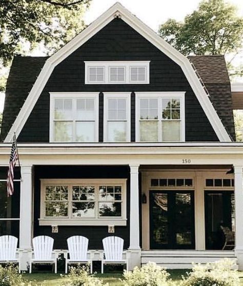 Dark Dutch-colonials. Modern Dutch Colonial Exterior, Colonial Cabin, Gambrel Farmhouse, Dutch Gambrel Exterior, Dutch House Exterior, Dutch Colonial Interior Design, Updated Dutch Colonial Exterior, Dutch Colonial Architecture, Dutch Colonial Homes Interior