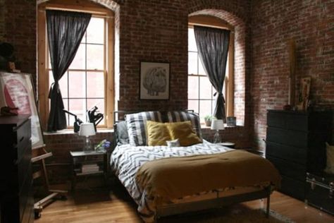 Apartment Style Bedroom, Exposed Brick Walls Bedroom, Bedroom Exposed Brick, Exposed Brick Bedroom, Fun Apartment, Brick Wall Bedroom, Brick Bedroom, Brick Room, Apartment Things