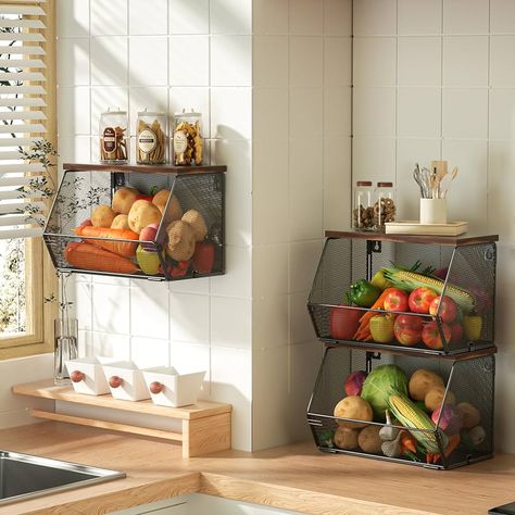 Amazon.com - Fruit Basket for Kitchen Wire Baskets with Wood Lid, Wall Mounted Produce Basket for Fruit and Vegetable, Stackable Countertop Onion and Potato Storage, 7.1"W & 11.1"W Kitchen Counter Organizer Onion And Potato Storage, Produce Basket, Store Fruit, Basket For Kitchen, Counter Organizer, Onion Storage, Produce Baskets, Potato Storage, Kitchen Countertop Organization