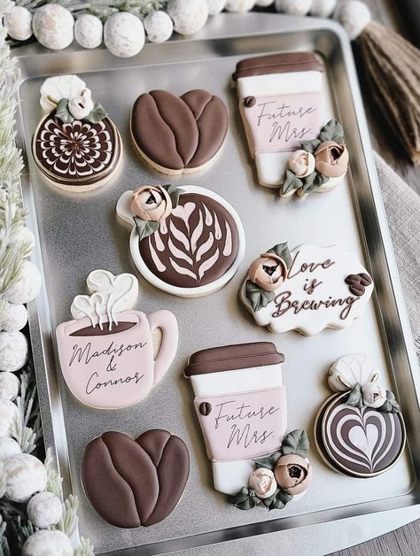 Love Is Brewing Bridal Shower Cookies, Love Is Brewing Cookies Decorated, Espresso Martini Cookies Decorated, Love Is Brewing Cookies, Latte Cookies Decorated, Coffee Cup Sugar Cookies, Coffee Cookies Decorated, Miss To Mrs Cookies, Coffee Cup Cookies