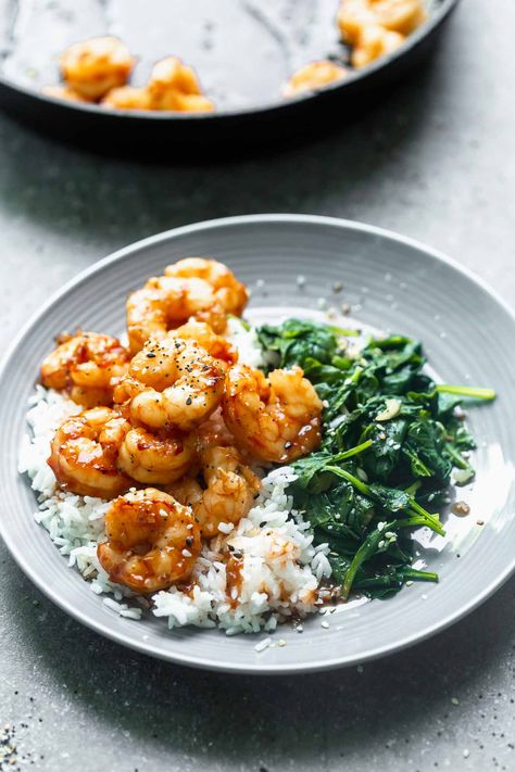 Easy Maple Soy Shrimp with Garlicky Spinach Soy Shrimp, Shrimp Spinach, Seafood Dinner Recipes, Spinach Rice, For Keeps, Spicy Shrimp, Shrimp Dishes, Weeknight Dinner Recipe, Seafood Dinner