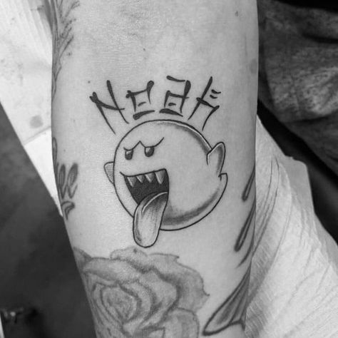 Mario Ghost Tattoo, Ghost Tattoo Ideas, Mario Ghost, Cartoon Tattoo Ideas, Video Game Tattoos, Mario Tattoo, Pikachu Tattoo, Adventure Time Tattoo, Animated Shows