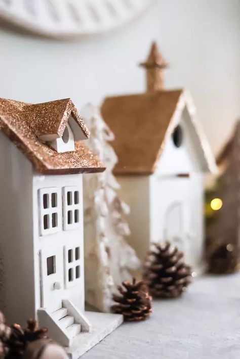 12 Christmas Villages That'll Make Your Mantel Look Sweet This Season | Hometalk Wooden Christmas Village Houses, Diy Christmas Village Houses, Wooden Christmas Village, House Christmas Decor, Thrifty Style, Pottery Barn Christmas, Christmas Color Palette, Diy Christmas Village, Christmas Village Houses