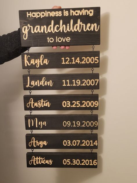 Custom Grandparent Sign with Grandkids Names & Birthdates. This rustic wood sign will light up your parents or grandparents' eyes as it reveals a sentimental quote with each of their grandchild's names and birthdates hanging. A sentimental gift that will be cherished year after year. The perfect gift for grandparen Blanket Mom, Grandchildren Sign, Personalized Gifts For Grandparents, Letter Blanket, Sentimental Quotes, Mom Blanket, Family Blanket, Personalized Wooden Signs, Gift For Grandparents