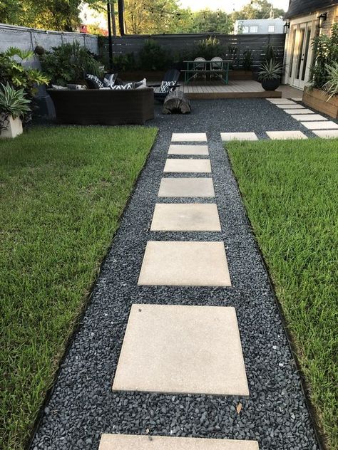 Pavestone Walkway Ideas, Lighted Pathway Ideas, Patio Swings Ideas Backyards, Sidewalk To Backyard, Backyard Landscaping Walkways, Black Stone Landscaping, Yard Pavers Ideas, Black Lava Rocks Landscaping, Walkway Pavers Ideas