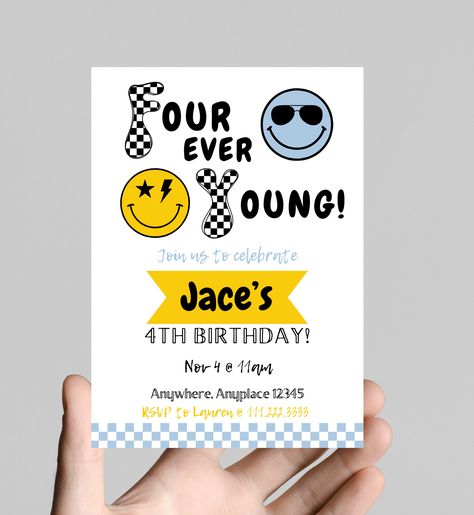 FOUR EVER YOUNG boy 4th birthday party invitation, black and white, smiley face, sunglasses, edit and printable, digital Four Themed Birthday Party Boy, 4th Boys Birthday Party Ideas, 4th Birthday Party Ideas For Boys, 4 Birthday Theme Boy, 4th Boy Birthday Ideas, 4 Ever Young Party Theme, 4 Birthday Party Boy, Four Ever Young Party Theme Boy, Fourth Birthday Boy Theme