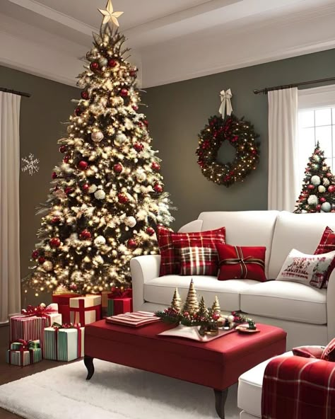 Red And Gold Christmas Tree, Creative Christmas Trees, Christmas Decor Inspiration, Christmas Themes Decorations, Christmas Decorations Living Room, Christmas Living Rooms, Christmas Room, Christmas Trends, Christmas Porch