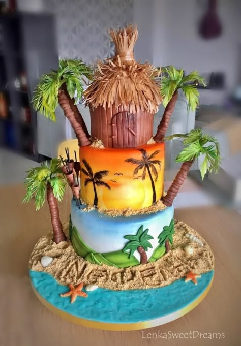 Survivor cake. - Cake by LenkaSweetDreams Island Cake Ideas, Hawaiian Theme Cakes, Hawaiian Birthday Cakes, Tiki Cake, Tropical Birthday Cake, Hawaii Cake, Beach Birthday Cake, Island Birthday, Hawaiian Cake