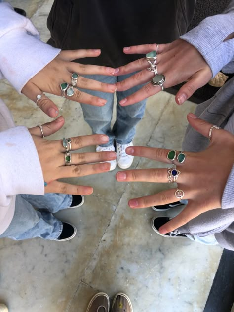 Matching Rings Aesthetic Friends, Betty Belts Rings, Lexi Hidalgo Rings, Colorful Silver Jewelry, Multiple Rings On Hand, Hands With Rings, Chunky Silver Jewellery, Matching Friend, Ring Inspo