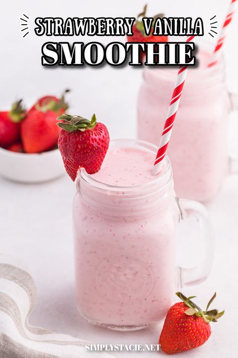 Strawberry Vanilla Smoothie in a glass mug, garnished with a strawberry and a white and red white straw. Frozen Strawberries Smoothie, Creamy Strawberry Smoothie, Yogurt Smoothie, Smoothie With Frozen Strawberries, Creamy Smoothie Recipes, Vanilla Yogurt Smoothie Recipes, Yogurt Drink, Frozen Strawberry Recipes Smoothie, Banana Frozen