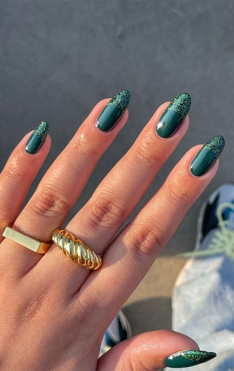 Sparkly Sage Green Nails, Peacock Nails Color, Peacock Green Nails, Shimmery French Tip, French Tip Green Nails, Green Fingernails, French Tip Green, Trendy Green Nails, Nail Designs Green