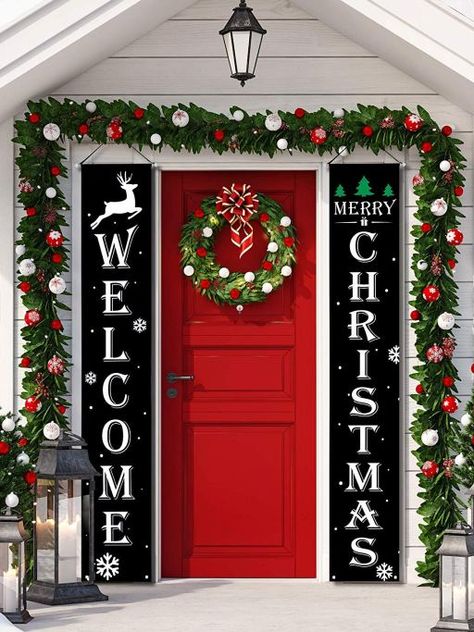 Affordable Amazon Holiday Decor: Welcome Christmas Banners Merry Christmas Outdoor Sign, Outdoor Holiday Party, Plaid Christmas Decor, Merry Christmas Banner, Christmas Front Porch, Christmas Front Doors, Merry Christmas Happy Holidays, Christmas Porch Decor, Merry Christmas Sign