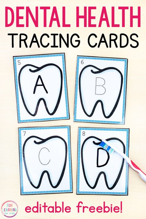 Dental health theme editable tracing cards for your alphabet centers in preschool or kindergarten. These free printable cards are perfect for your dental theme lesson plans. #preschool #kindergarten #kidsactivities #alphabetactivity Preschool Dental Hygiene Activities, Dental Fine Motor Activities, Dental Health For Preschoolers, Free Dental Health Printables, Preschool Dental Theme, Dental Health For Preschool, Dental Health Math Activities Preschool, Preschool Dentist Activities, Dental Health Activities For Toddlers