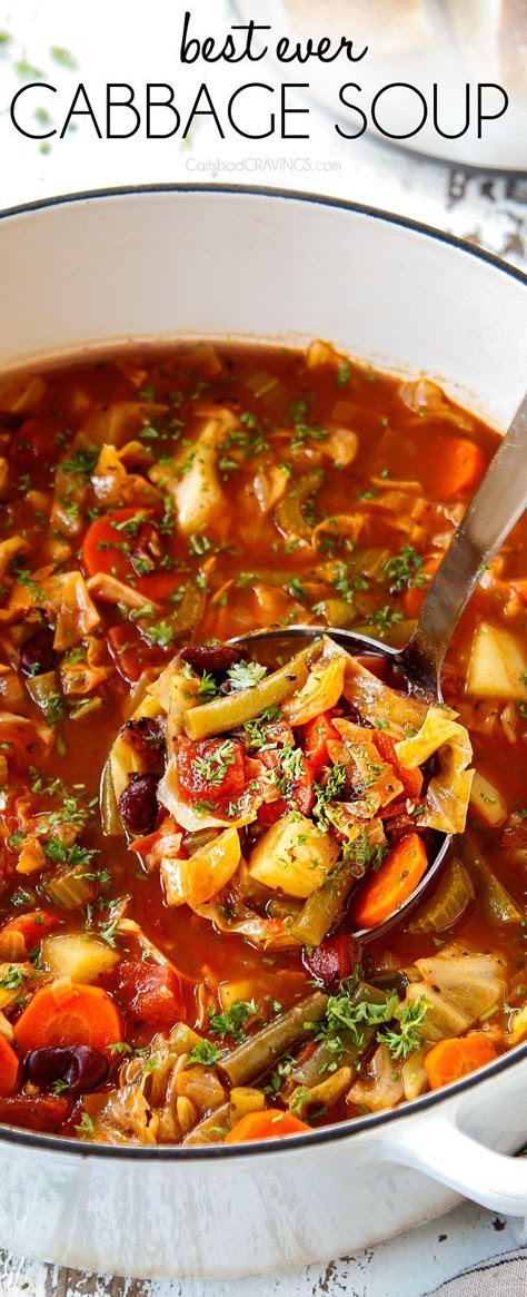 The BEST Cabbage Soup recipe loaded with nutritious veggies swimming in dynamic Italian spiced tomato broth.  It’s healthy, hearty, comforting, and extremely versatile with TONS of options in the post like how to add protein, pasta or rice.    #soup #souprecipes #souprecipeseasy #dinner #dinnerrecipes #dinnerideas #dinnerideas #recipe #recipeoftheday #recipeideas #recipesfordinner #easyrecipe #easydinner #Italianrecipes #healthyrecipes #vegetables #crockpot #slowcooker   via @carlsbadcraving Best Cabbage Soup Recipe, Best Cabbage Soup, Cabbage Soup Recipe, Carlsbad Cravings, Diner Recept, Italian Spices, Cabbage Soup, Cabbage Recipes, Easy Soups