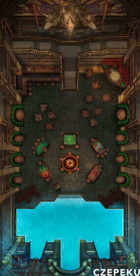 This unused train station has been converted into an underground casino! Will you risk it all for a spot at one of these tables? 🎲 D&d Ideas Rpg, Dnd Casino Map, Underground Map, Dnd World Map, Building Map, Battle Map, Dnd Races, Dnd Dragons, Tabletop Rpg Maps