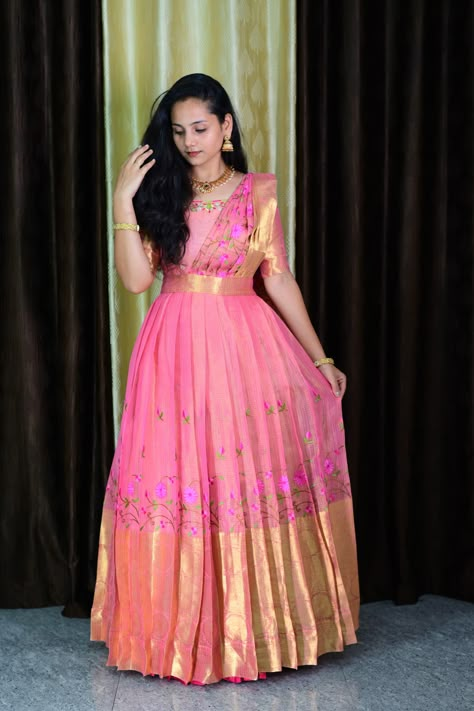 Pattu Saree Into Frock Designs, Crop Top Pattu Lehenga, Long Frocks From Sarees, Saree To Pattu Pavadai, Pattu Lehanga Designs Latest For Women, Pattu Frock Designs For Women, Frock Hands Design, Saree To Frock Designs For Women, Pattu Saree Frocks Designs