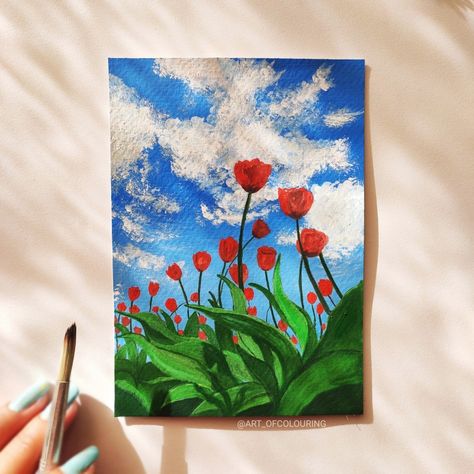 Gouache painting Tulip Gouache Painting, Gouache Flowers, Tulip Painting, Red Tulips, Pencil Art Drawings, Gouache Painting, Pencil Art, Painting Ideas, Tulips