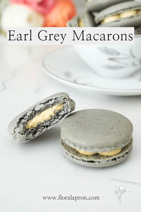 Earl Grey Macarons - The Floral Apron Earl Gray Macarons, Earl Grey Macaron Recipe, Earl Grey Macaron, Earl Grey Buttercream, Grey Macarons, Earl Grey Cookies, 2024 Recipes, Tea Eggs, Buttercream Filling