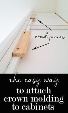 The easy way to attach crown molding to wall cabinets that don't reach the ceiling! I wish all crown molding was this easy to install when decorating a home. | In My Own Style Decorating A Home, Crown Moldings, Wall Cabinets, Web Images, Laundry Storage, Room Storage, Kitchen Redo, Home Repairs, Crown Molding