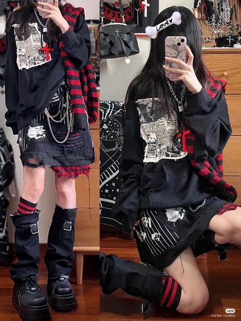 Grunge Outfits Red And Black, Black And Red Grunge Outfit, Red Goth Clothes, Red And Black Alt Outfits, Red Grunge Aesthetic Outfits, Red Punk Aesthetic, Red Y2k Outfit, Red Grunge Outfit, Red Goth Outfits