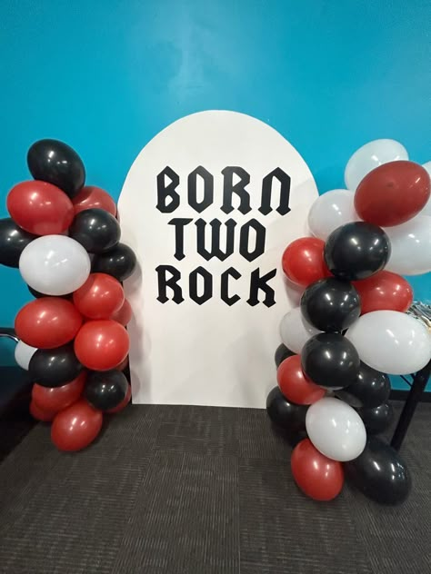 Rock star party, balloon arch Metal Themed Birthday Party, One Rocks Birthday Theme, Ready 2 Rock Birthday Party, Two Rocks Birthday Party, Rock And Roll Second Birthday, Rock N Roll 2nd Birthday Party, Born Two Rock Birthday Party, Rock 2nd Birthday, Ready Two Rock Birthday