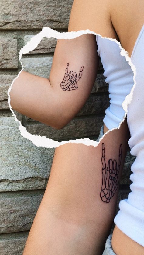 I Love You Sign Language Tattoo Skeleton, Small Dancing Skeleton Tattoo, Tattoo Ideas Motorcycles, Rock On Skeleton Hand Tattoo, Little Skeleton Tattoo, Radiology Tattoo, Simple Skeleton Tattoo, Impulsive Tattoos, Rock On Tattoo