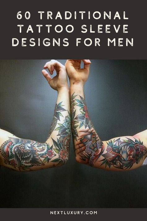 The seasoned magic of traditional sleeve tattoos still reigns supreme to this day. These debonair endowments are worldly symbols of undiluted machismo.Traditional sleeve tattoos are still the unchallenged champions of ink, and guys everywhere are still witnessing majestically handsome makeovers with their help. #nextluxury #tattooideas #tattoodesigns Traditional Sleeve Tattoo Men, American Traditional Tattoo Sleeve Men, Tattoo Sleeve Men Half, 3/4 Sleeve Tattoos For Guys, American Traditional Arm Sleeve, American Traditional Sleeve Men, American Traditional Half Sleeve, 3/4 Sleeve Tattoo, Traditional Arm Sleeve