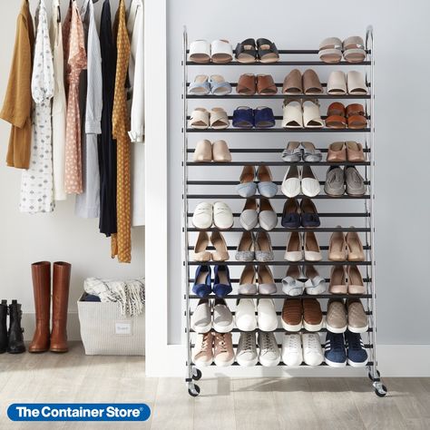 Serious shoe aficionados love our Chrome Metal 10-Tier Rolling Shoe Rack. Depending on the size and style of the footwear stored, it can hold up to 50 pairs of women's shoes without taking up much floor space, and it can easily be rolled into a closet or dressing room. Its large capacity can store any kind of footwear, from high heels and flats to athletic shoes, so you can store and view your entire shoe wardrobe quickly. Industrial Shoe Rack, Clear Shelf, Best Shoe Rack, Folding Shoe Rack, Shoe Storage Unit, Ikea Shoe, Shoe Stand, Shoe Organizers, Closet Shoe Storage