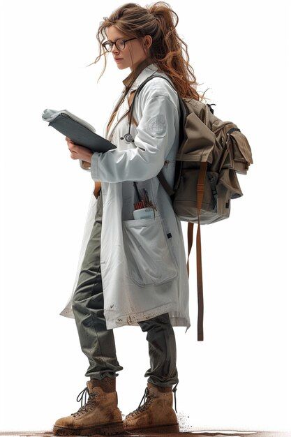 Photo detailed character design of scien... | Premium Photo #Freepik #photo Field Scientist Outfit, Inventor Pose Reference, Fantasy Scientist Outfit, Female Engineer Character Design, Mad Scientist Outfit Aesthetic, Biologist Character Design, Mad Scientist Woman, Scientist Outfit Aesthetic, Scientists Outfits