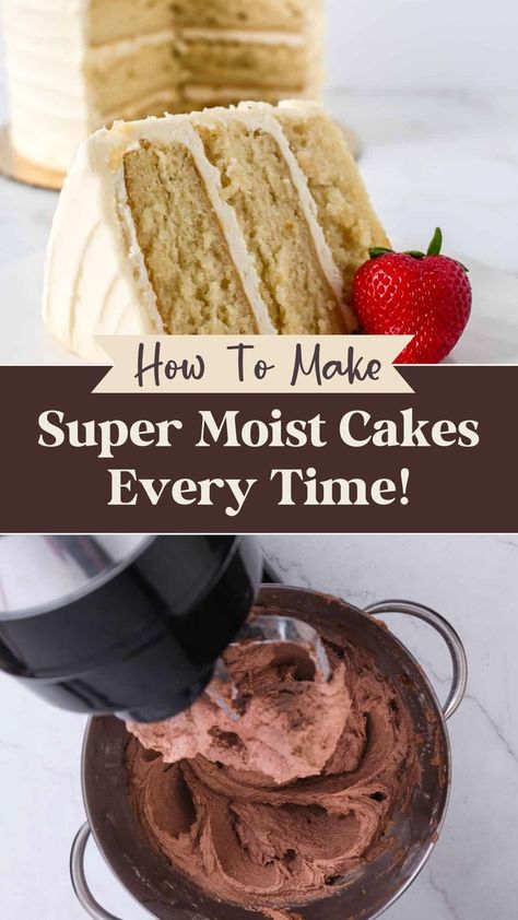 Learn how to make super moist cakes every time with these simple tips for making moist cakes. This guide walks you through how to make moist cakes from scratch, sharing the secrets to making cakes that are soft, fluffy, and delicious. How To Make Moist Cake, How To Make Box Cake Moist, How To Make Cake Moist, Easy Tiered Cake, How To Make Fluffy Cake, How To Make A Simple Cake, Moist Cake From Box Recipes, Beginner Cake Recipes, 6” Cake Recipes