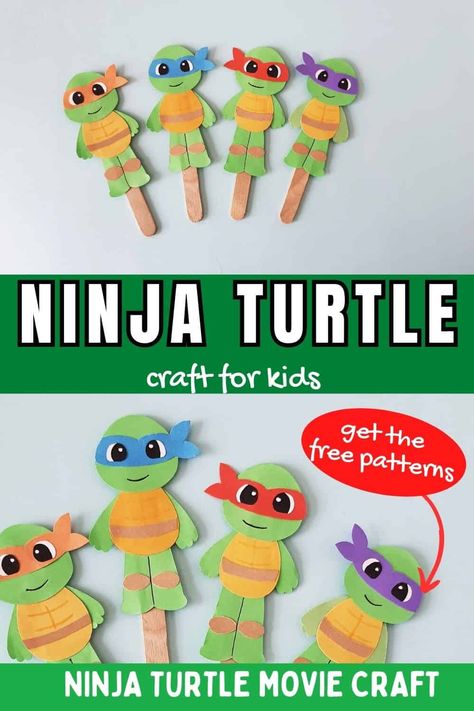 Ninja Turtle Craft. If your boy is obsessed with the Ninja Turtles, then he'll love making this cute Ninja Turtle craft. After creating the Ninja Turtle puppets, kids can act out their favorite Ninja Turtle adventures! Nickelodeon Arts And Crafts, Ninja Turtle Diy Decorations, Ninja Turtles Masks, Pin The Mask On The Ninja Turtle, Ninja Turtle Crafts For Preschoolers, Ninja Turtles Room Ideas, Tmnt Free Printables, Ninja Turtle Crafts For Kids, Ninja Turtles Craft