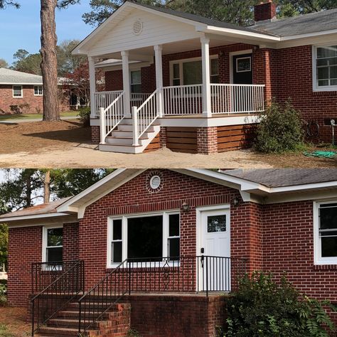 1950s brick home with renovated front porch Brick Front Porch Makeover, Update Porch, Brick House Front Porch Ideas, Blonde Brick, Brick Front Porch, Brick Ranch Houses, Porch Extension, Brick Porch, Tennessee House