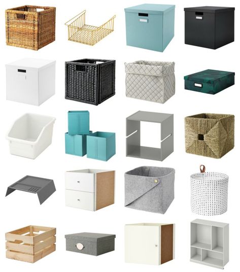 KALLAX Storage Options Kallax Organization, Ikea Storage Cubes, Kallax Ideas, Kallax Storage, Ikea Storage Boxes, Ikea Cubes, Ikea Kallax Shelf, Kallax Shelf, Ikea Bedroom