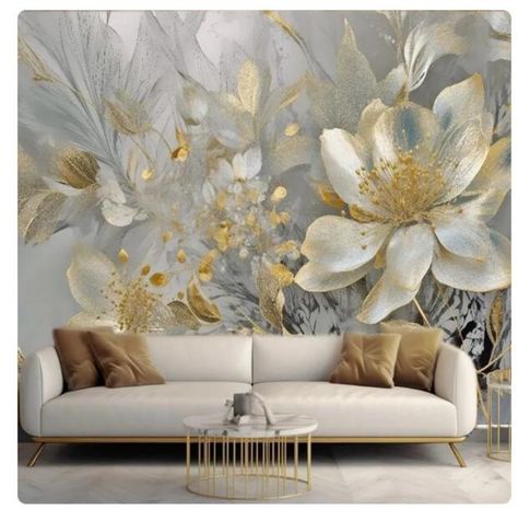 Gold Wallpaper Flower, Golden Flowers Wallpaper, Large Floweral Wallpaper In Mansion, Muted Cream Large Floral Wallpaper, Gold Metallic Wallpaper Flower, Ceiling Murals, Floor Murals, Golden Flower, Paper Wallpaper