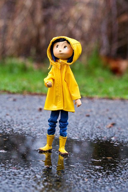 Coraline in the Rain by BarbaraCZ, via Flickr. this link has a whole bunch of really cool coraline pics! check it out! Yellow Raincoat, Coraline, In The Rain, The Rain, Road, Yellow, Blue